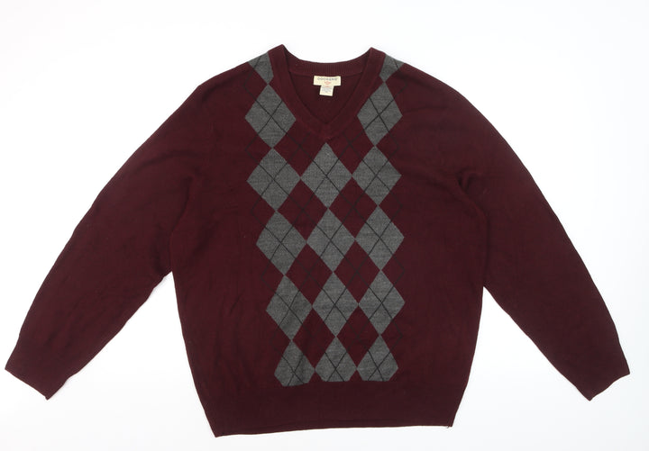 Dockers Men's Red Argyle V-Neck Knit Jumper Size L