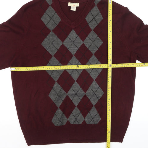 Dockers Men's Red Argyle V-Neck Knit Jumper Size L