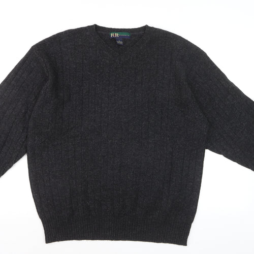 R&R Casuals Men's Dark Grey Lambswool V-Neck Cable-Knit Jumper Size M