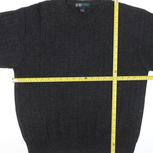 R&R Casuals Men's Dark Grey Lambswool V-Neck Cable-Knit Jumper Size M