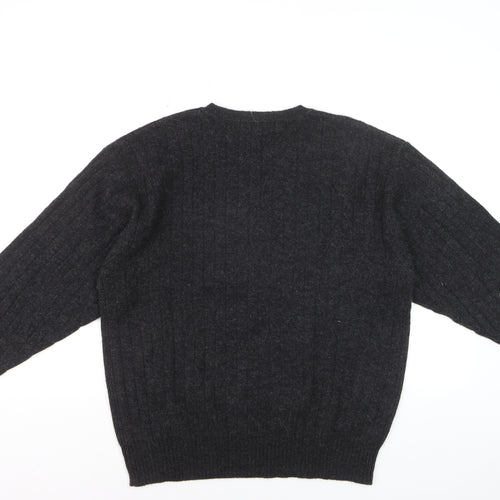 R&R Casuals Men's Dark Grey Lambswool V-Neck Cable-Knit Jumper Size M