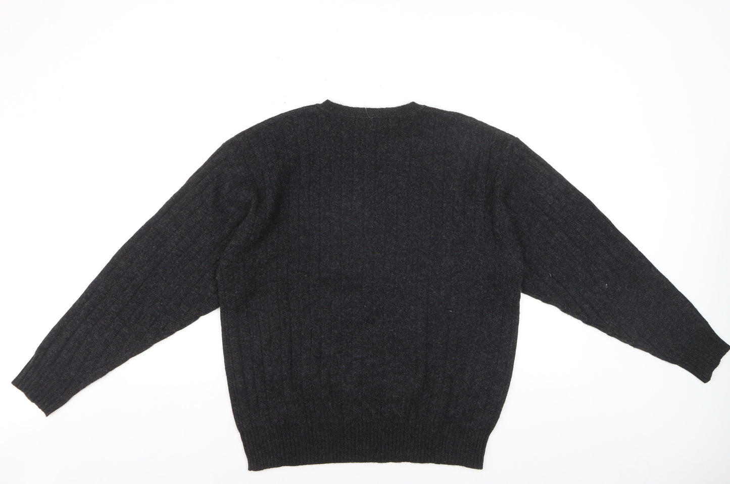 R&R Casuals Men's Dark Grey Lambswool V-Neck Cable-Knit Jumper Size M