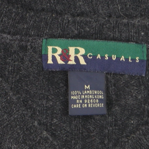 R&R Casuals Men's Dark Grey Lambswool V-Neck Cable-Knit Jumper Size M