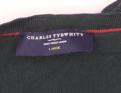 Charles Tyrwhitt Men's Green Merino Wool V-Neck Jumper Size L