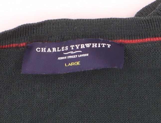 Charles Tyrwhitt Men's Green Merino Wool V-Neck Jumper Size L