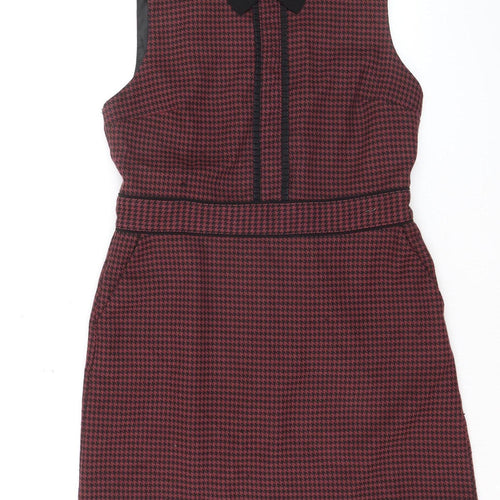 Oasis Women’s Red Houndstooth Collared Sleeveless Shift Dress Size 14
