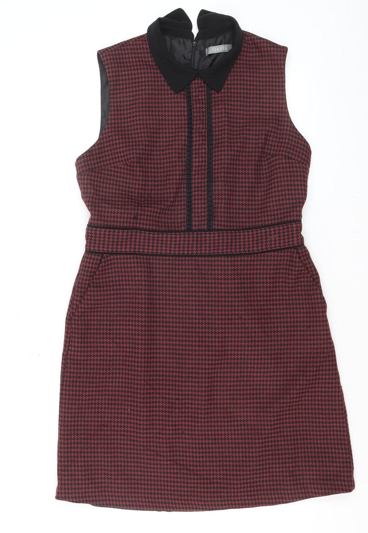 Oasis Women’s Red Houndstooth Collared Sleeveless Shift Dress Size 14