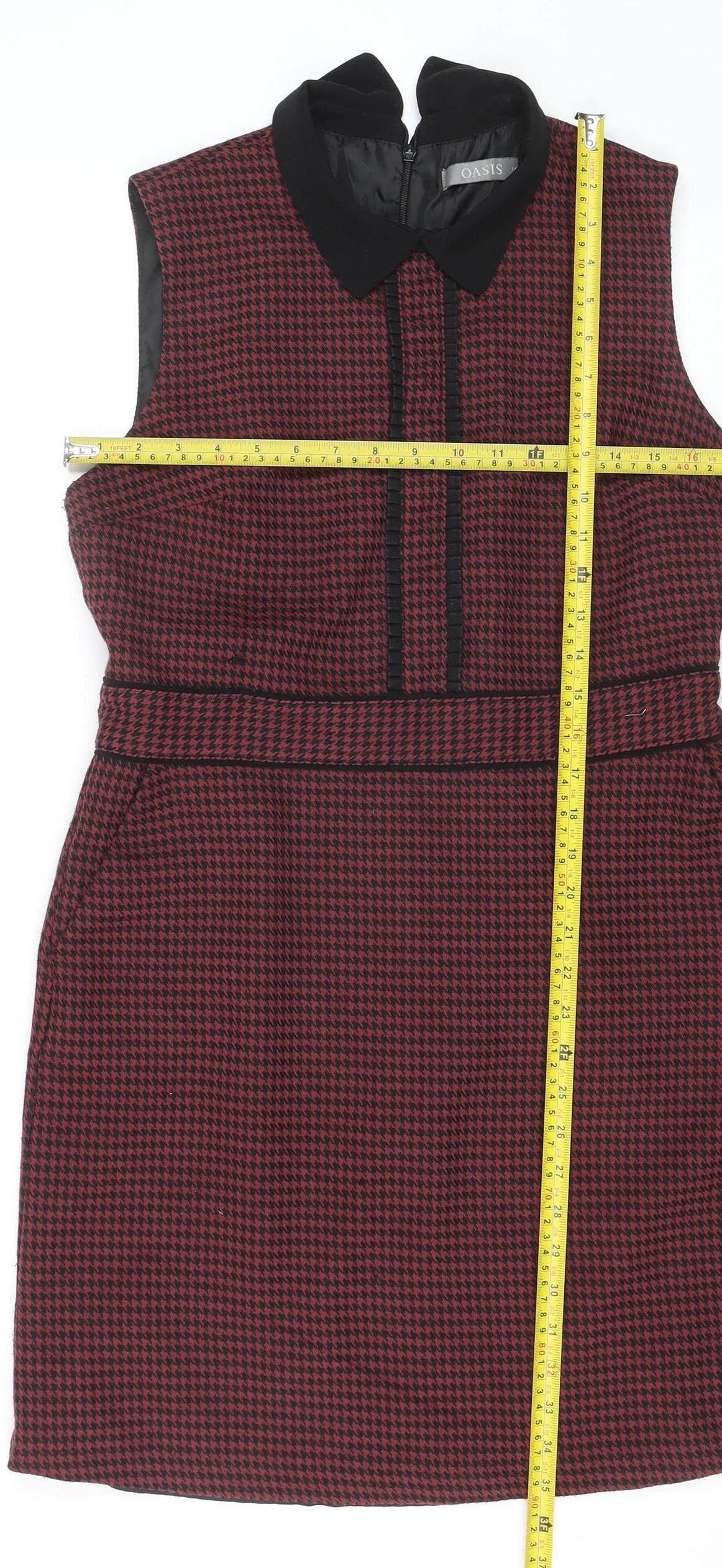 Oasis Women’s Red Houndstooth Collared Sleeveless Shift Dress Size 14