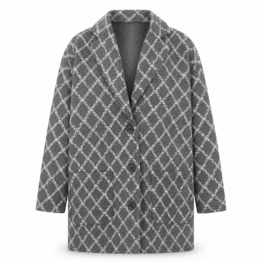 Front view of Next Petite Women’s Grey Check Long Cardigan, size UK 14