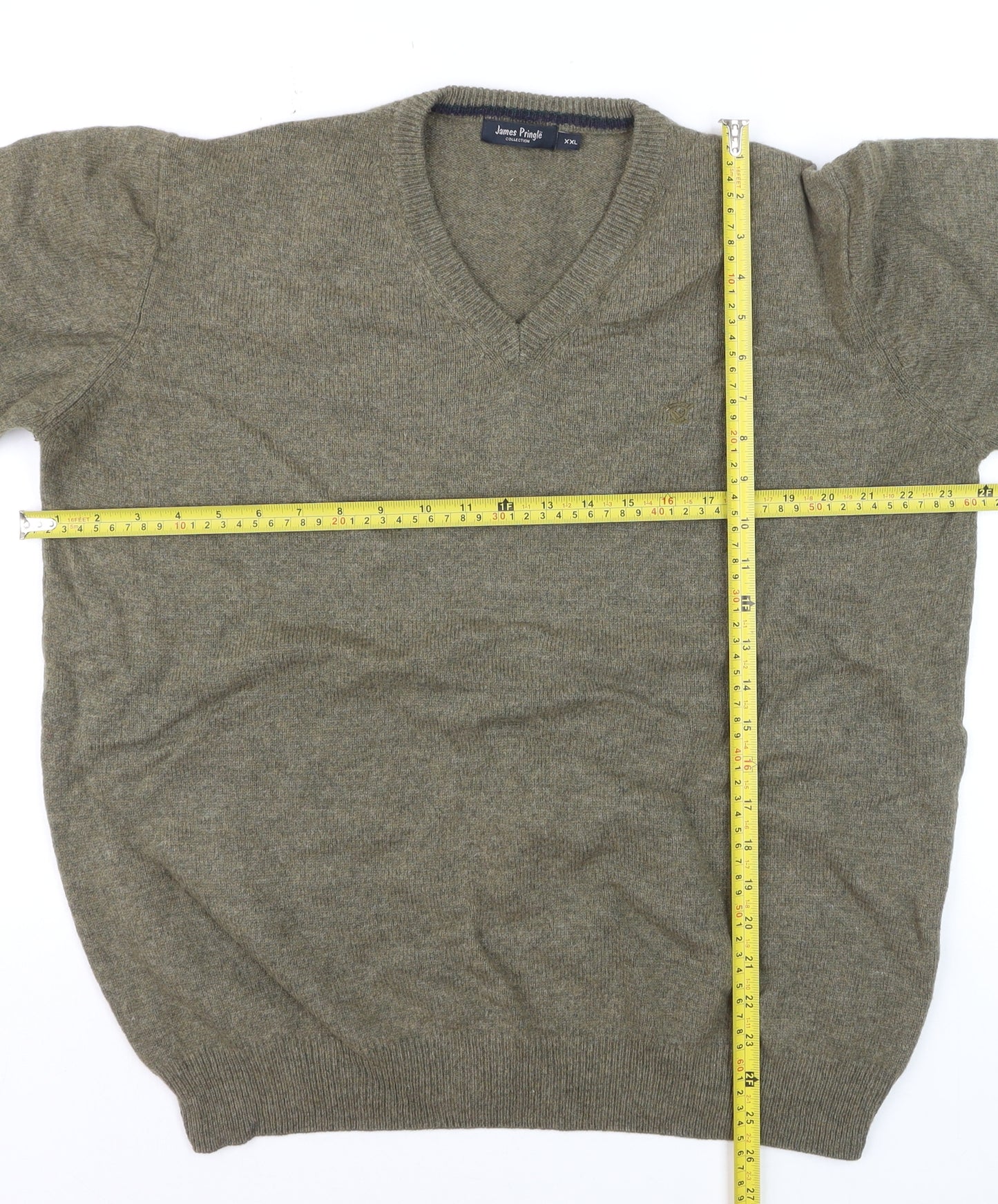 James Pringle Men's Green Wool V-Neck Jumper XXL Classic Knit