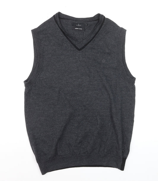 Jeff Banks Men's Grey Merino Wool Sleeveless V-Neck Vest Jumper Size M