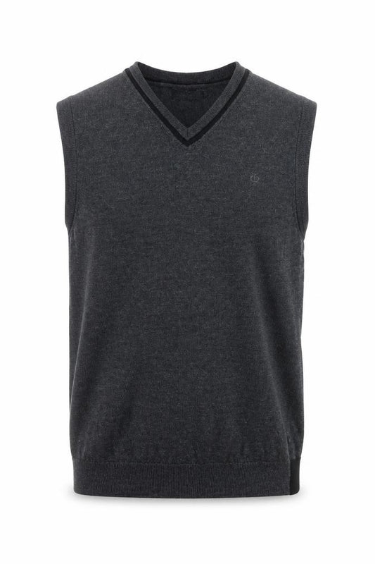 Front view of Jeff Banks Men's Grey Merino Wool Sleeveless V-Neck Vest Jumper, size M
