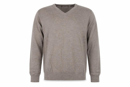 Front view of Black Brown 1826 Men's Beige V-Neck Merino Wool jumper XL