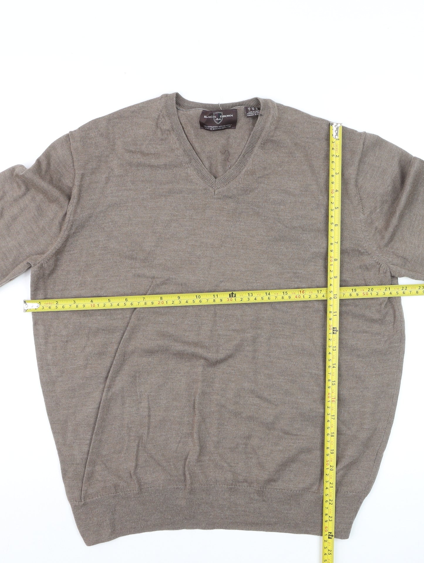 Black Brown 1826 Men's Beige V-Neck Merino Wool Pullover Jumper XL