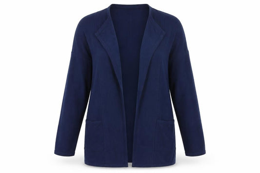 Front view of Lands' End women’s blue cotton knit cardigan small