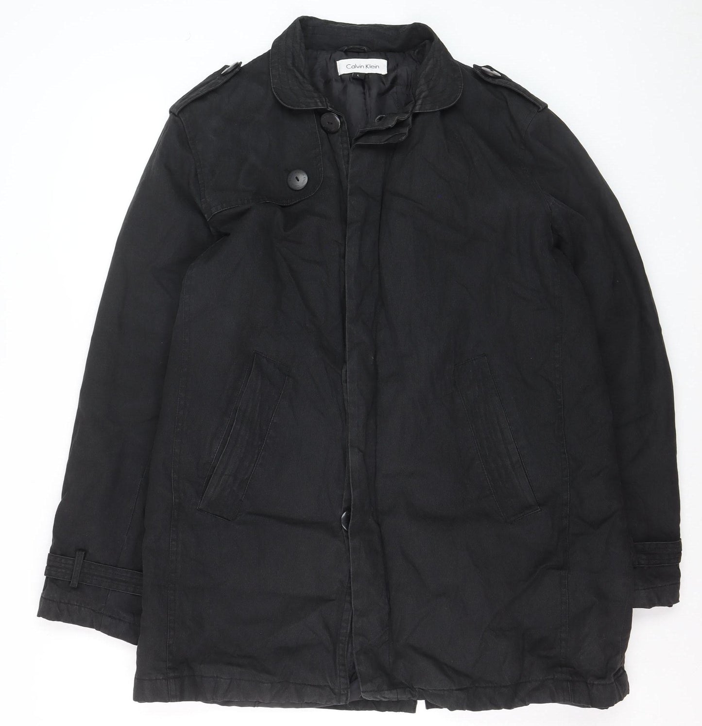 Calvin Klein Men's Black Cotton Mid-Length Overcoat L
