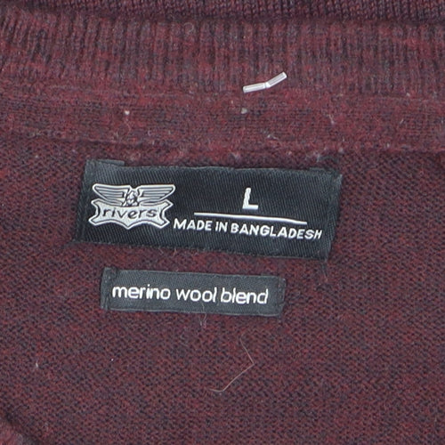 Rivers Men’s Red Merino Wool Blend V-Neck Jumper Size L