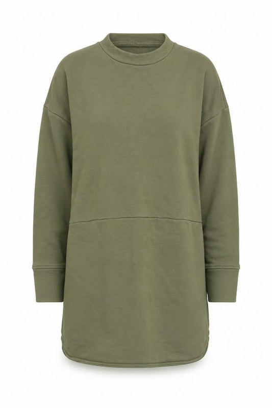 Front view of Noughts & Kisses women’s khaki long sleeve tunic sweatshirt, size S