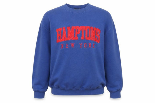 Front view of PRETTYLITTLETHING Women Blue Hamptons New York Pullover Sweatshirt M