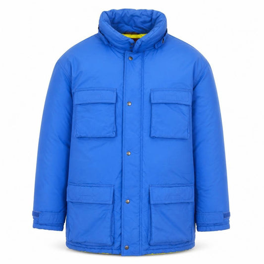 Front view of Chaps Ralph Lauren Men's Blue Puffer Jacket S Winter Nylon Mid-Length
