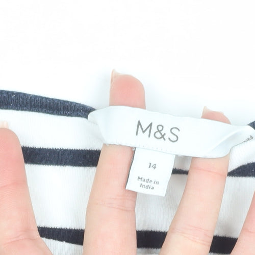 Marks and Spencer Women’s White Striped 3/4 Sleeve Cotton T-Shirt Size 14