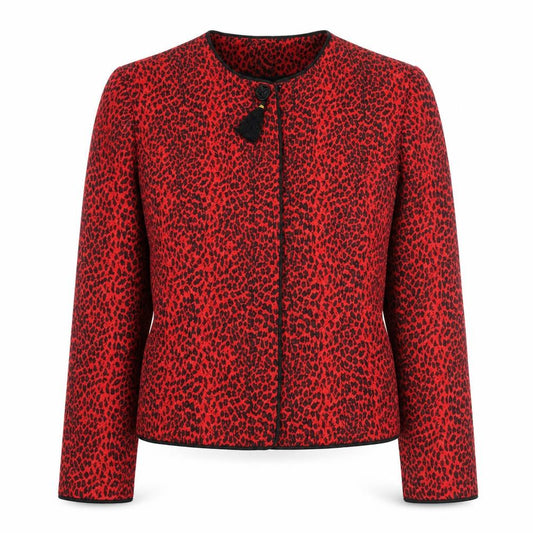 Front view of Maggy London women’s red animal print silk jacket, size UK 12