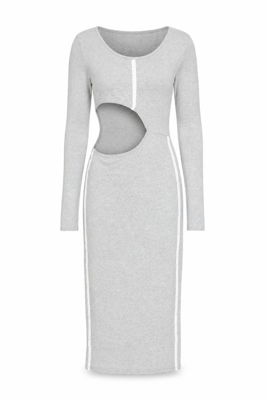 Front view of PRETTYLITTLETHING Women’s Grey Long Sleeve Stretch Bodycon Midi Dress, size UK 12