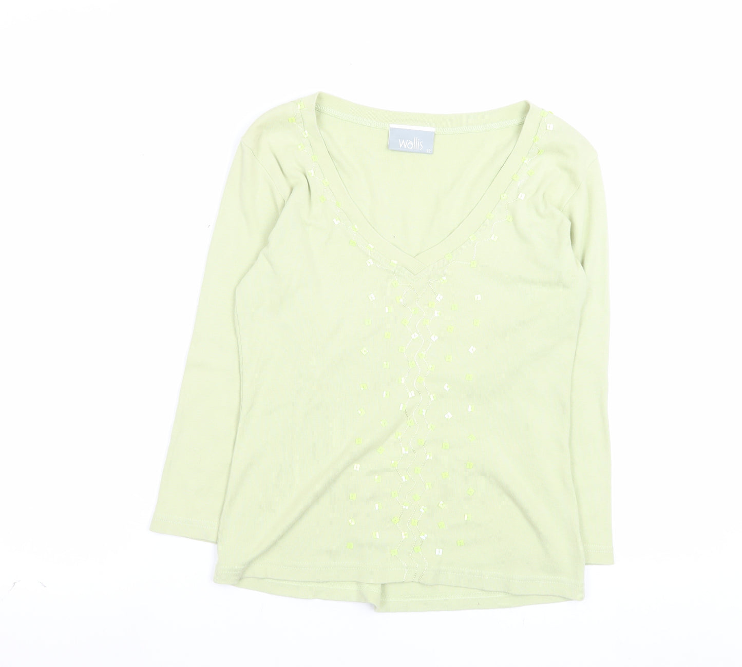 Wallis Womens Green Cotton V-Neck Beaded Jumper Size 12