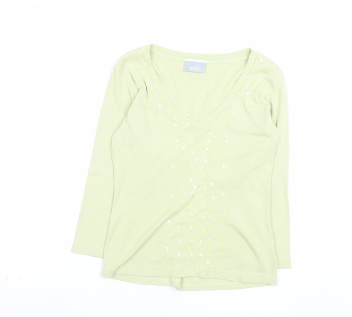 Wallis Womens Green Cotton V-Neck Beaded Jumper Size 12