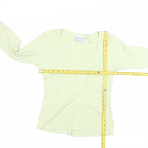 Wallis Womens Green Cotton V-Neck Beaded Jumper Size 12