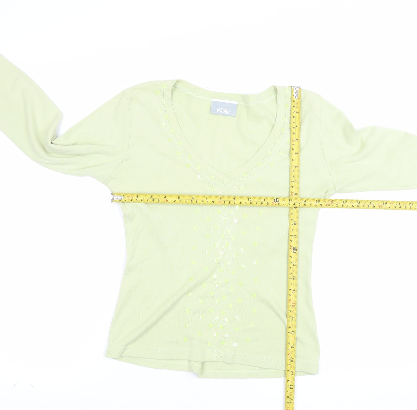 Wallis Womens Green Cotton V-Neck Beaded Jumper Size 12