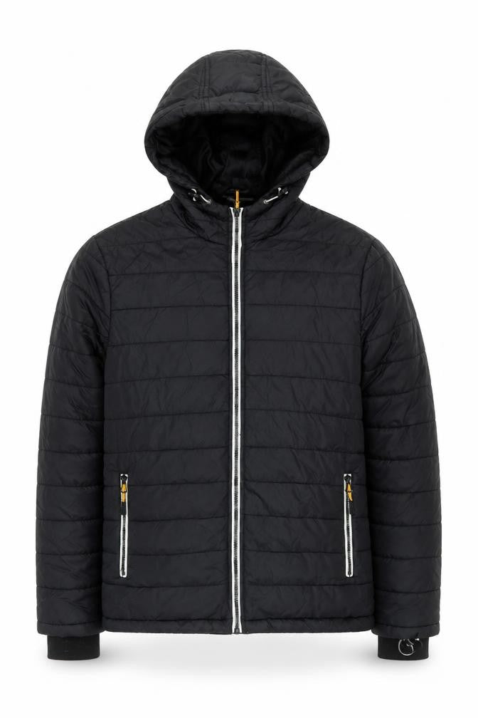 Front view of Bluewear Men's Black Hooded Puffer Jacket, size M, Lined Zip Pockets