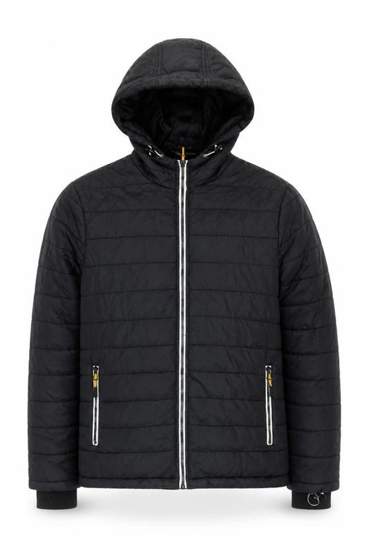 Front view of Bluewear Men's Black Hooded Puffer Jacket, size M, Lined Zip Pockets