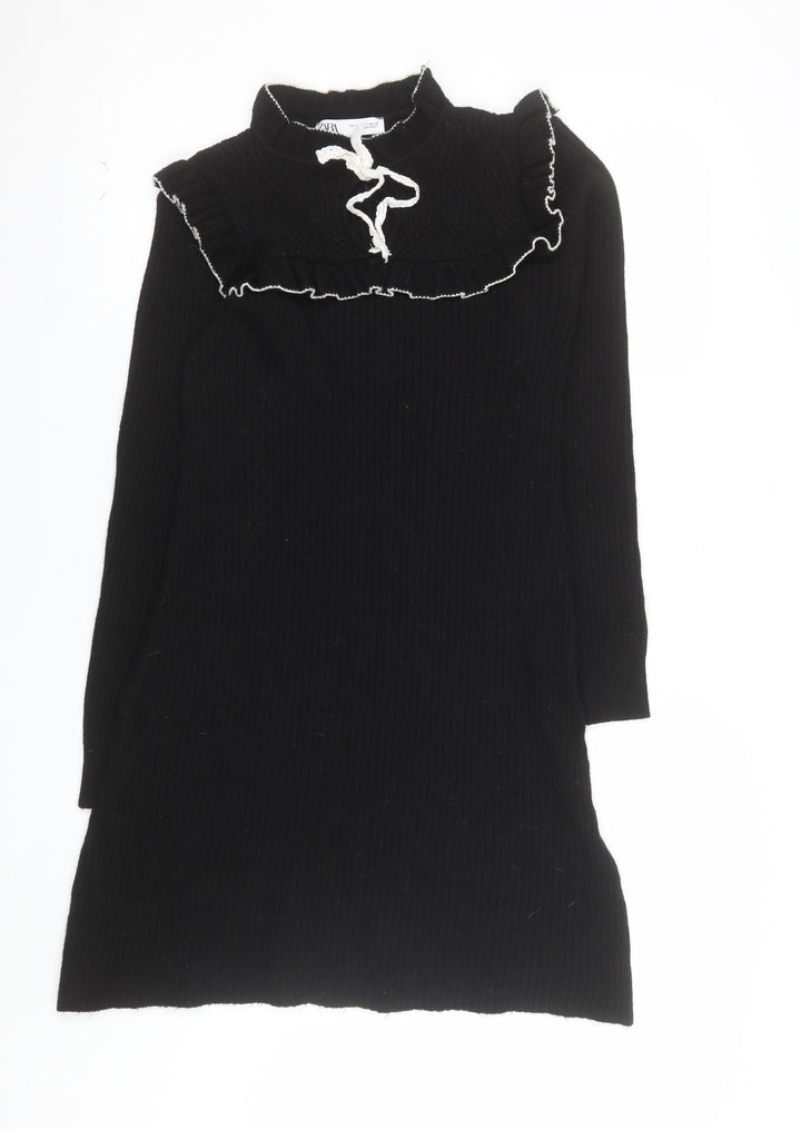 Zara Women’s Black Knit Jumper Dress Small Ruffle High Neck