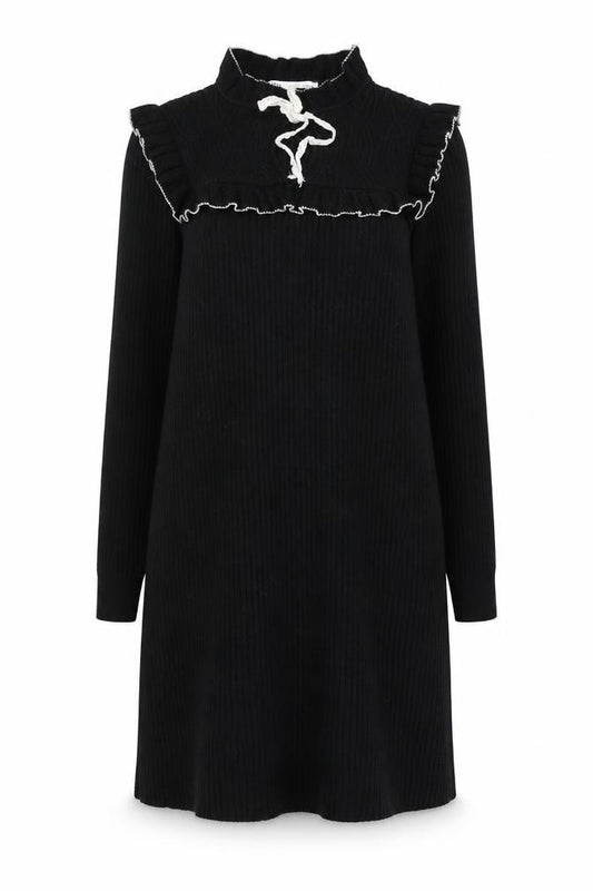 Front view of Zara Women’s Black Knit Jumper Dress Small Ruffle High Neck