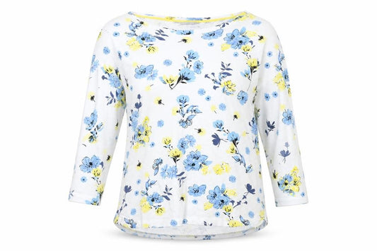 Front view of Pebble Bay Women's Multicoloured Floral Cotton 3/4 Sleeve T-Shirt, size 14
