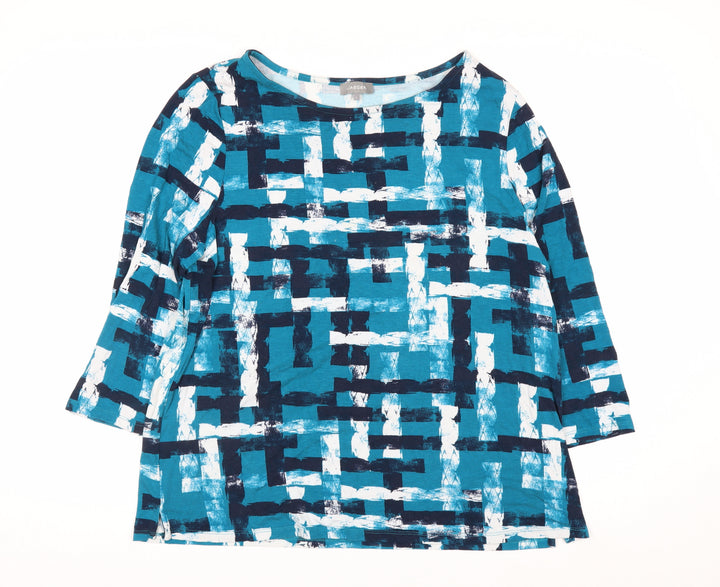Jaeger Women Blue Geometric Tunic Top L Viscose 3/4 Sleeve