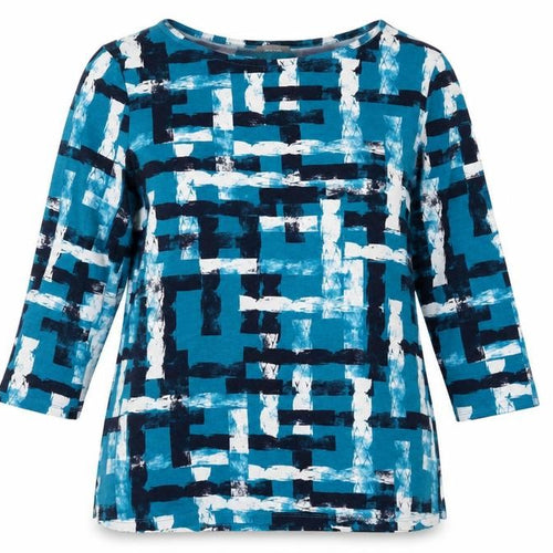 Jaeger Women Blue Geometric Tunic Top L Viscose 3/4 Sleeve