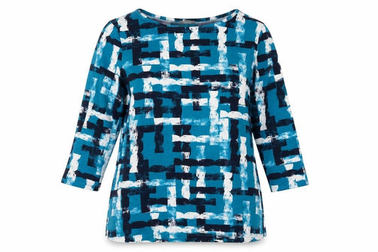 Front view of Jaeger Women Blue Geometric Tunic Top L Viscose 3/4 Sleeve