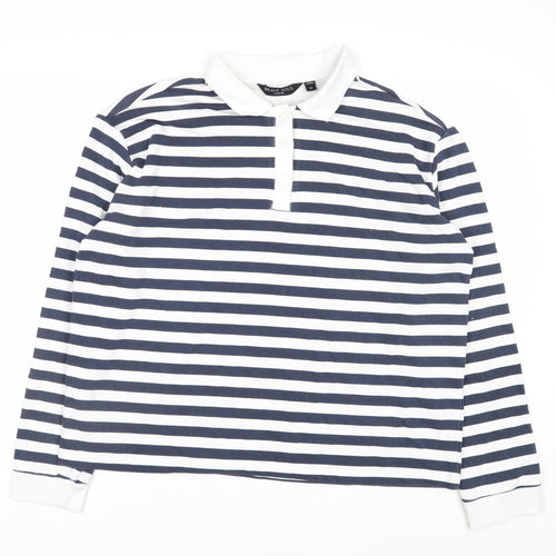 Brave Soul Men's Blue White Striped Long Sleeve Collared Rugby Shirt M
