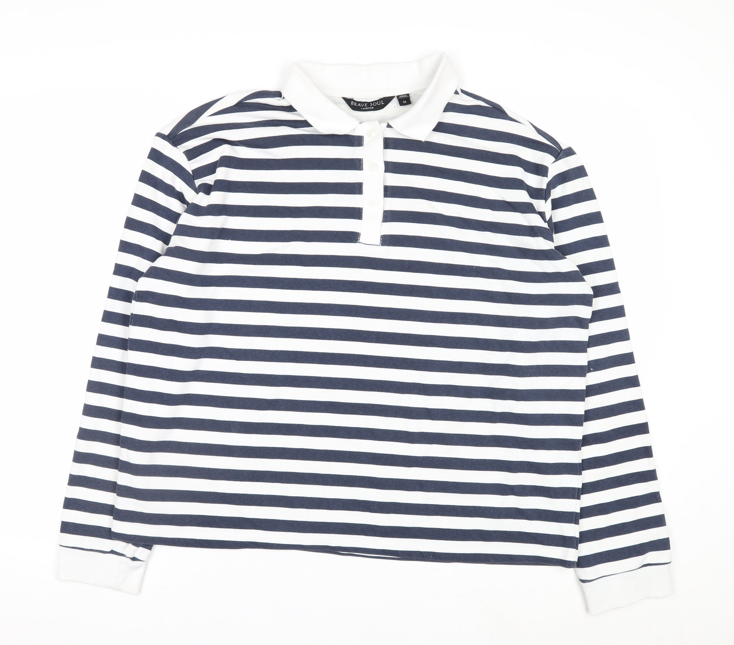 Brave Soul Men's Blue White Striped Long Sleeve Collared Rugby Shirt M