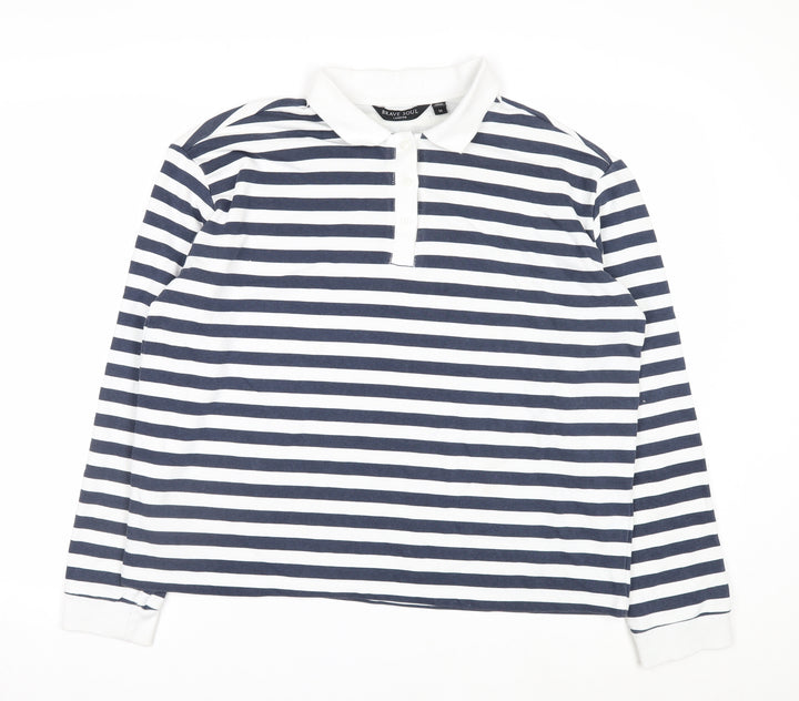 Brave Soul Men's Blue White Striped Long Sleeve Collared Rugby Shirt M