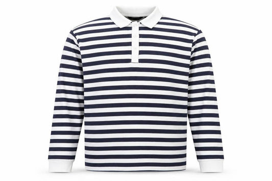 Front view of Brave Soul Men's Blue White Striped Long Sleeve Collared Rugby Shirt M