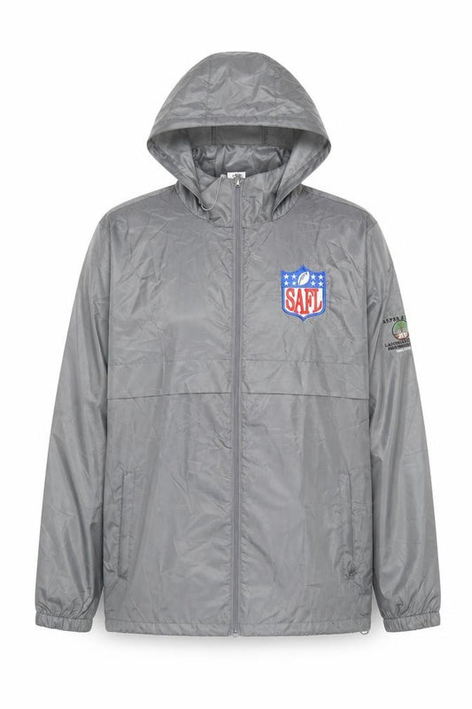 Front view of Team 365 Men's Grey Hooded Windbreaker Jacket, size S