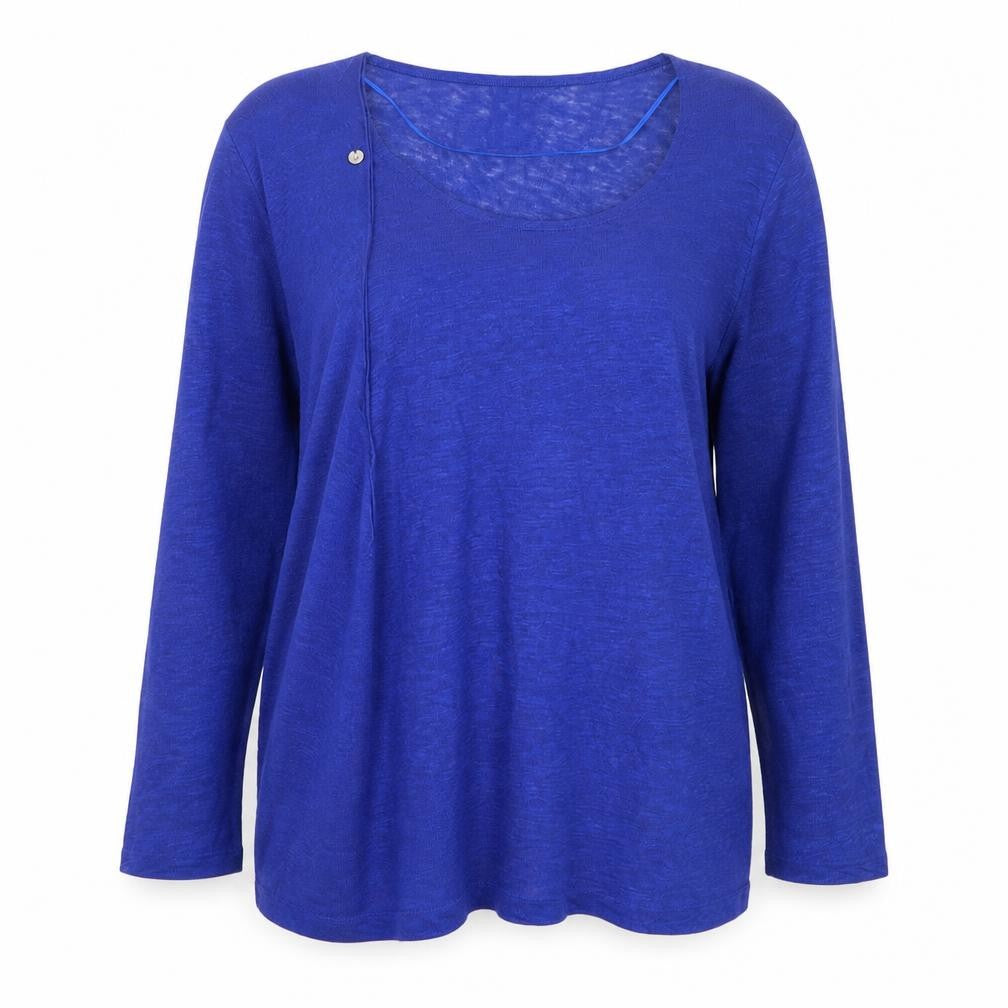 Front view of Lady Captain Women's Blue Linen 3/4 Sleeve jumper, size 14