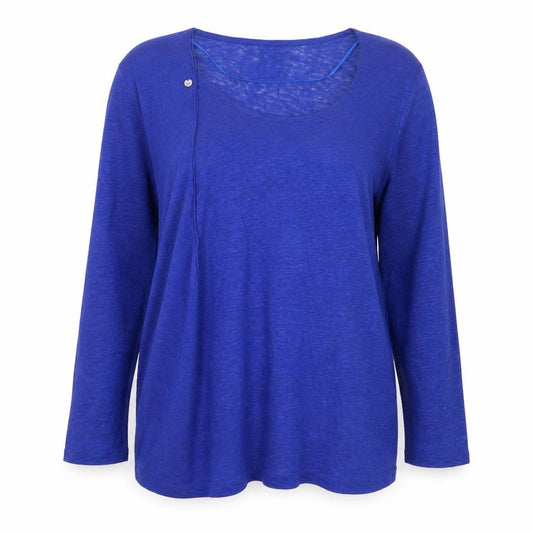 Front view of Lady Captain Women's Blue Linen 3/4 Sleeve jumper, size 14