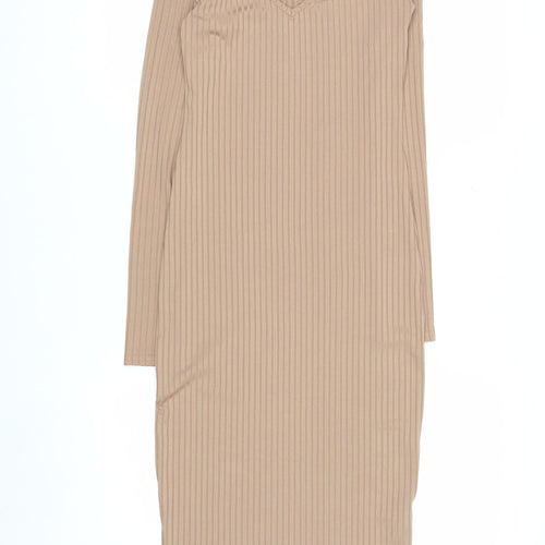 Boohoo Women's Beige Ribbed V-Neck Long Sleeve Midi Bodycon Dress Size 8