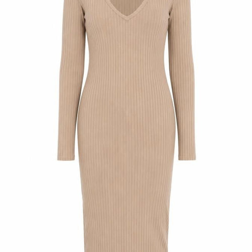 Boohoo Women's Beige Ribbed V-Neck Long Sleeve Midi Bodycon Dress Size 8