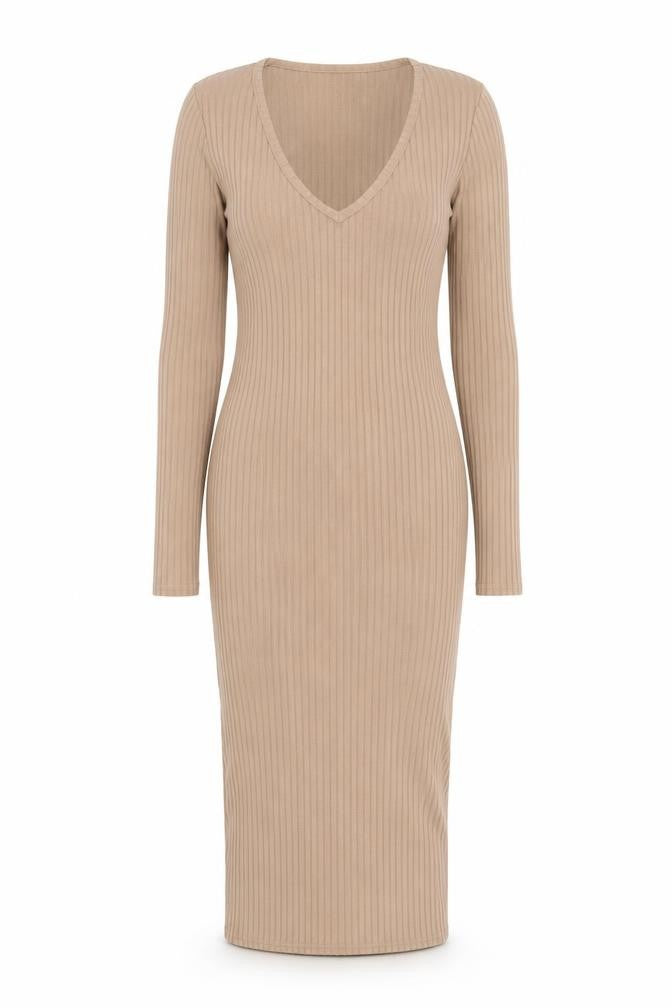 Boohoo Women's Beige Ribbed V-Neck Long Sleeve Midi Bodycon Dress Size 8