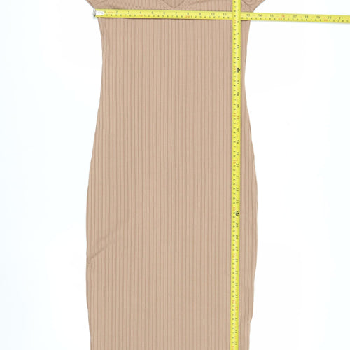 Boohoo Women's Beige Ribbed V-Neck Long Sleeve Midi Bodycon Dress Size 8
